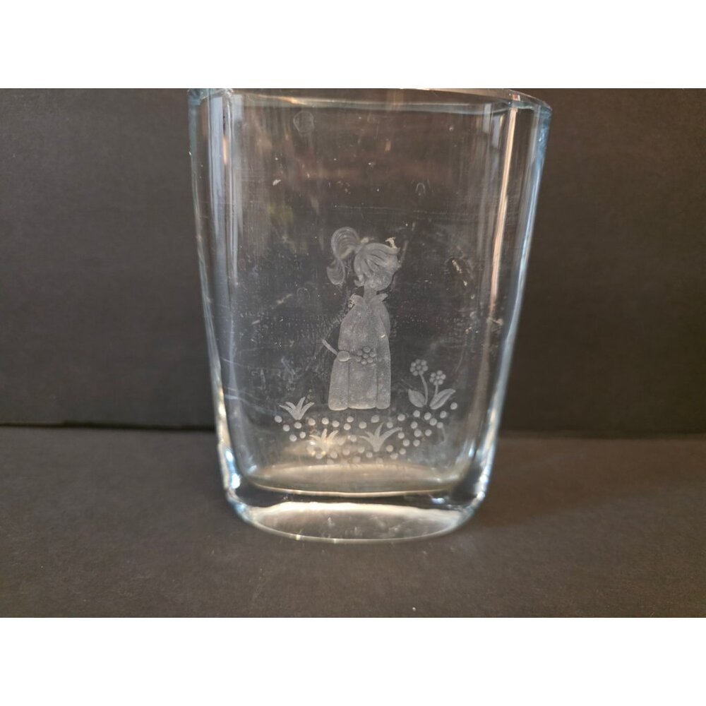 Strombergshyttan Crystal Vase 5” Tall Girl W Flowers Sweden Signed 1841